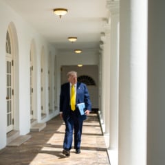 President Donald Trump walks on the West Colonnade to the Oval Office, Monday, July 21, 2025. (Official White House Photo by Molly Riley)