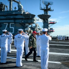 President Donald Trump and First Lady Melania Trump disembark Marine One at the USS Harry S. Truman aircraft carrier at Naval Station Norfolk in Norfolk, Virginia on Sunday, October 5, 2025. (Official White House Photo by Daniel Torok)