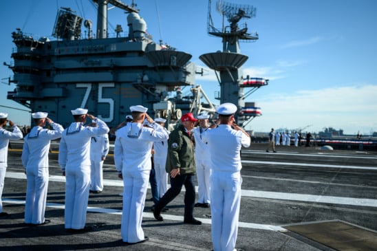 President Donald Trump and First Lady Melania Trump disembark Marine One at the USS Harry S. Truman aircraft carrier at Naval Station Norfolk in Norfolk, Virginia on Sunday, October 5, 2025. (Official White House Photo by Daniel Torok)