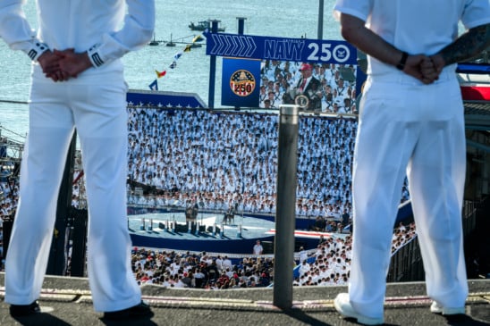 President Donald Trump delivers remarks in honor of the U.S. Navy 250th anniversary celebration at the USS Harry S. Truman aircraft carrier at Naval Station Norfolk in Norfolk, Virginia. (Official White House Photo by Daniel Torok)