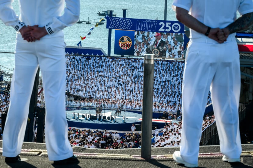 President Donald Trump delivers remarks in honor of the U.S. Navy 250th anniversary celebration at the USS Harry S. Truman aircraft carrier at Naval Station Norfolk in Norfolk, Virginia. (Official White House Photo by Daniel Torok) President Donald Trump delivers remarks in honor of the U.S. Navy 250th anniversary celebration at the USS Harry S. Truman aircraft carrier at Naval Station Norfolk in Norfolk, Virginia. (Official White House Photo by Daniel Torok)