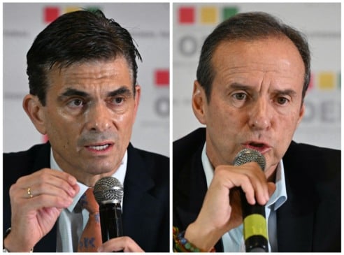 (COMBO) This combination of file pictures created on October 14, 2025, shows Bolivia's presidential candidate for the Christian Democratic Party (PDC), Rodrigo Paz (L), speaking during a press conference before the last presidential debate at the Real Plaza Hotel in La Paz on October 12, 2025, and Bolivia's presidential candidate for the Freedom and Democracy (Libre) Alliance, Jorge "Tuto" Quiroga, speaking during a press conference before the last presidential debate at the Real Plaza Hotel in La Paz on October 12, 2025. An ex-president and a senator will go head-to-head in Bolivia's presidential runoff on October 19, 2025, both with promises to fix the South American country's broken economy. Senator Rodrigo Paz came from behind to take the top spot with 32 percent of votes cast in a first round in August, but has since fallen behind ex-president Jorge "Tuto" Quiroga in stated voter intention. (Photo by Aizar RALDES / AFP)