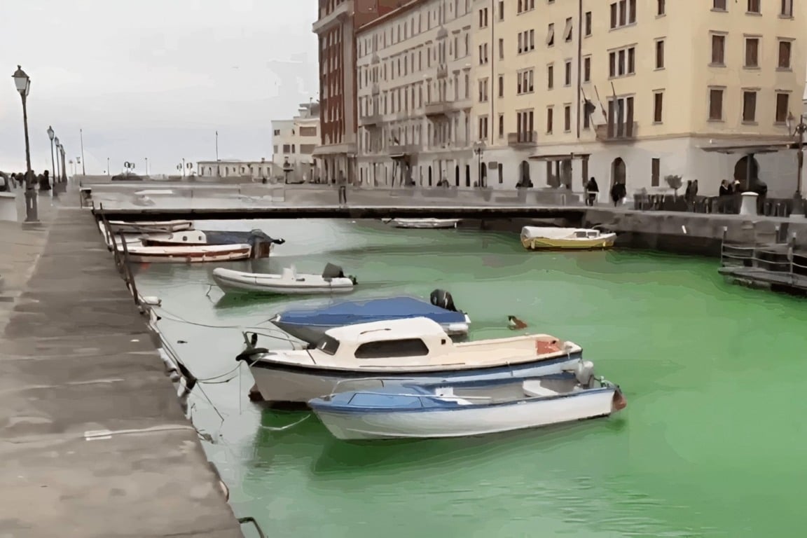 Greta usa coloração verde para manchar canal de Veneza, na Itália